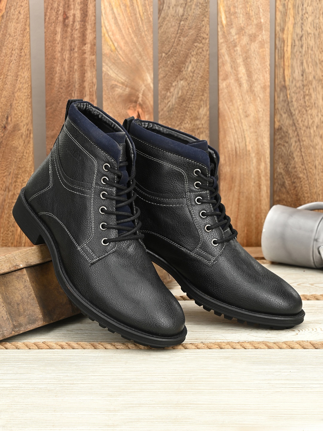 

MUZZATI Men Black Solid Lace-Up Flat Boots
