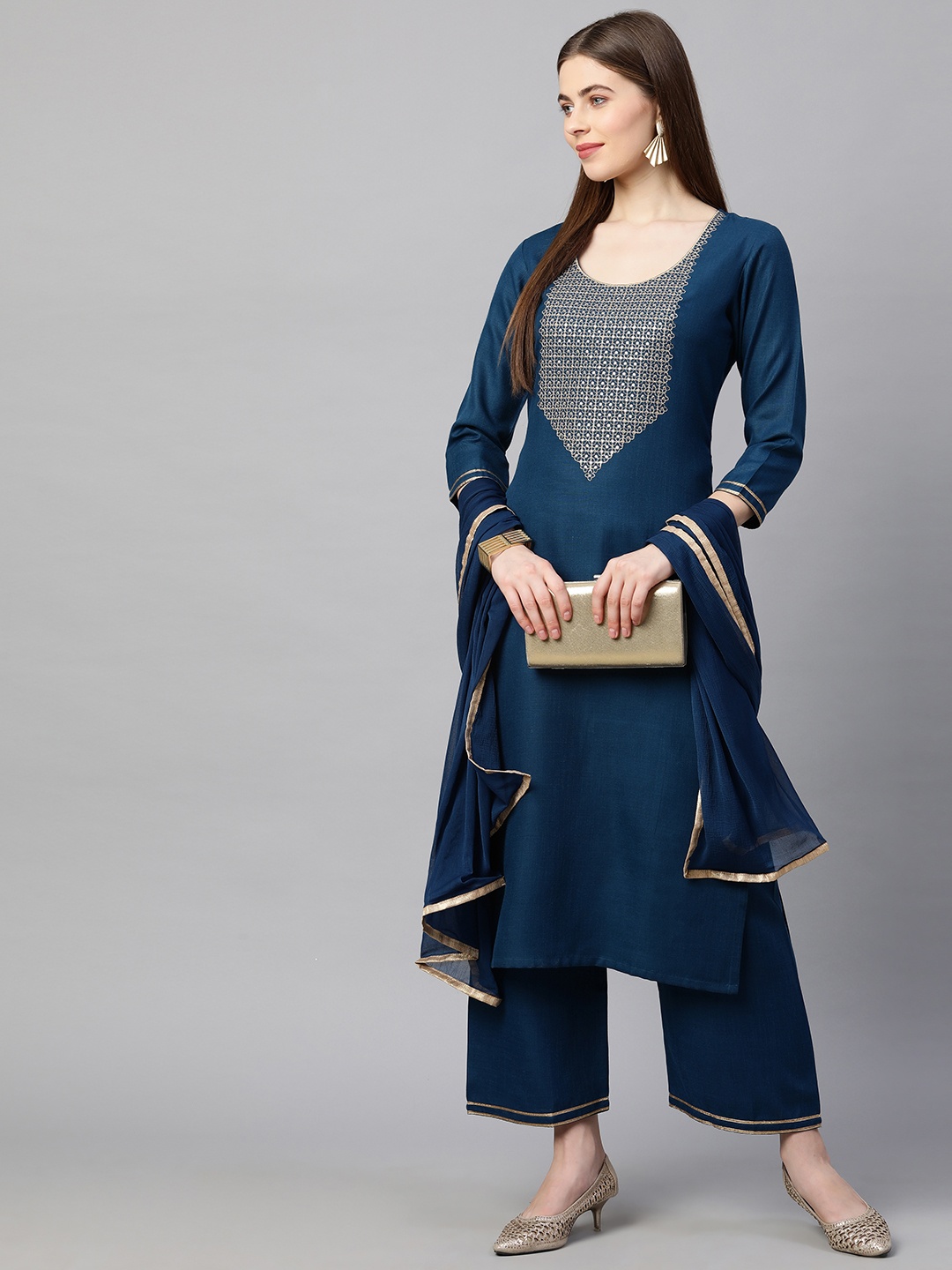 

GoSriKi Women Teal Yoke Design Kurta with Palazzos & With Dupatta