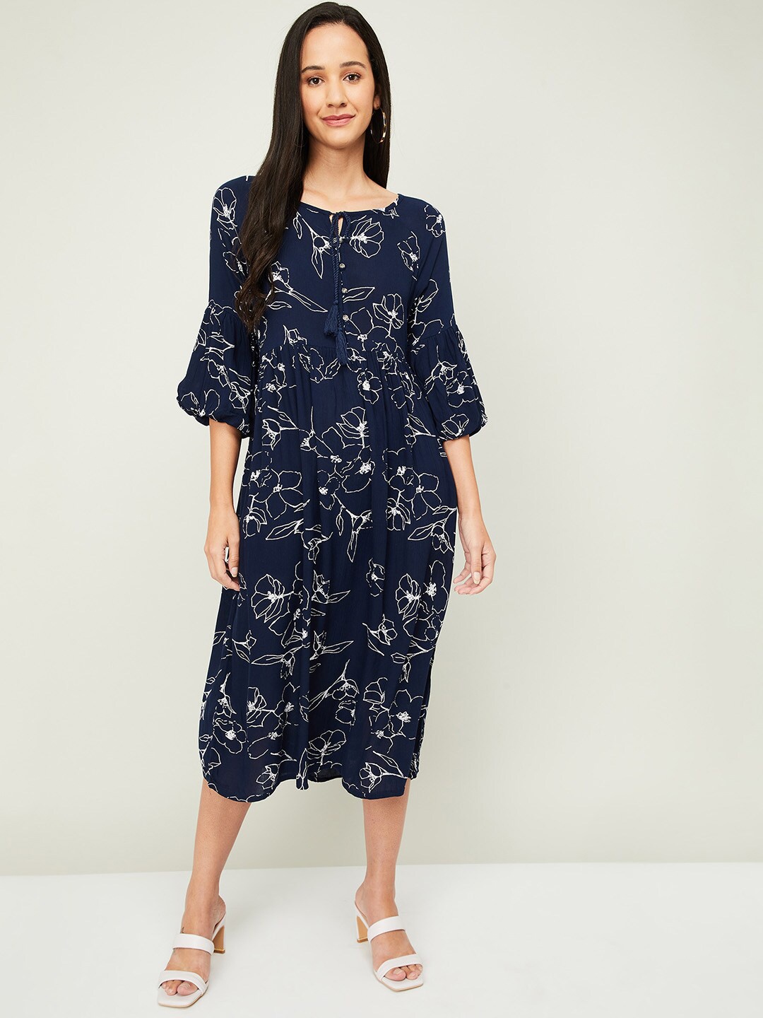 

Fame Forever by Lifestyle Navy Blue Floral Tie-Up Neck A-Line Midi Dress