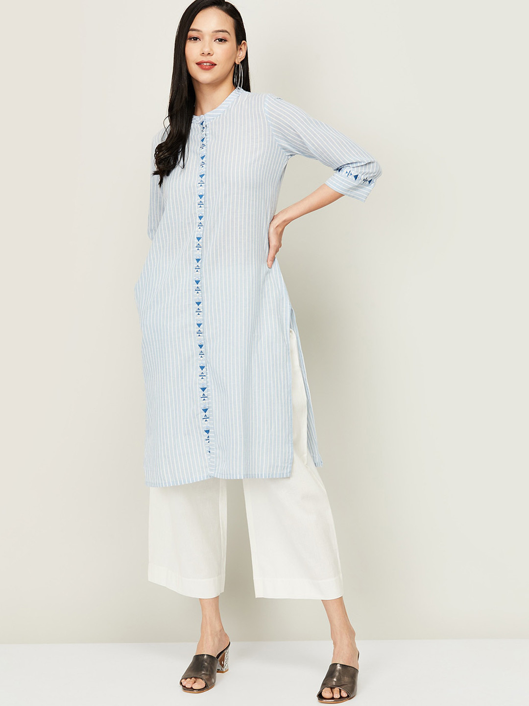 

Melange by Lifestyle Women Blue Striped Thread Work Pathani Kurta