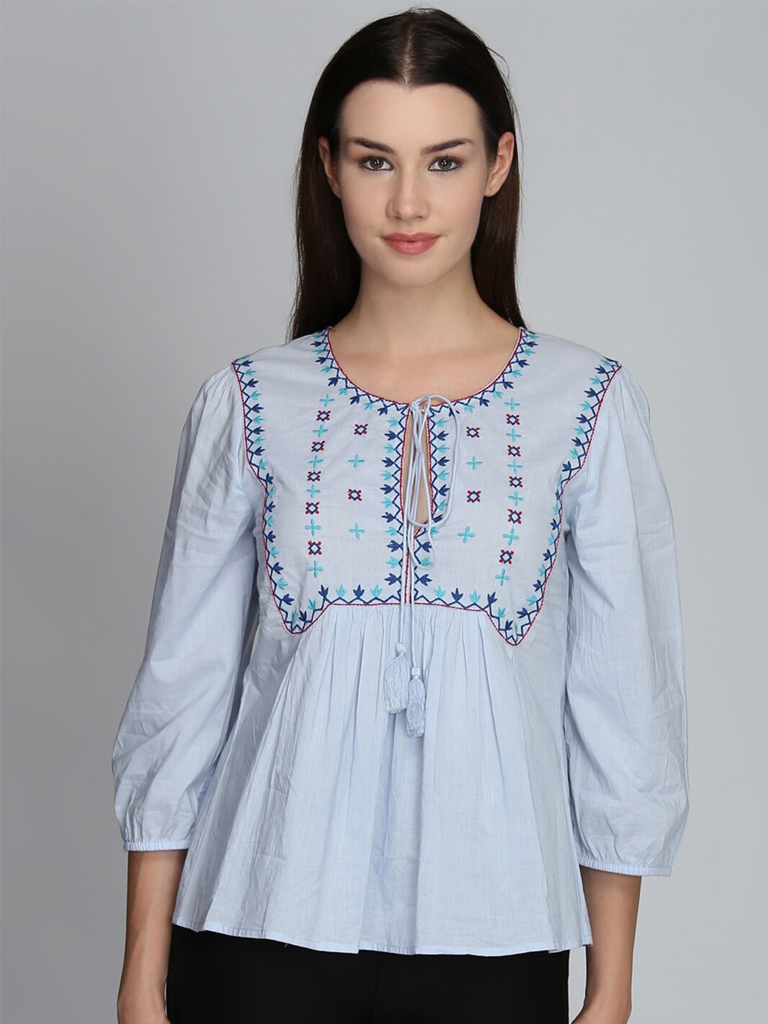 

DODO & MOA Women Blue Embroidered Top