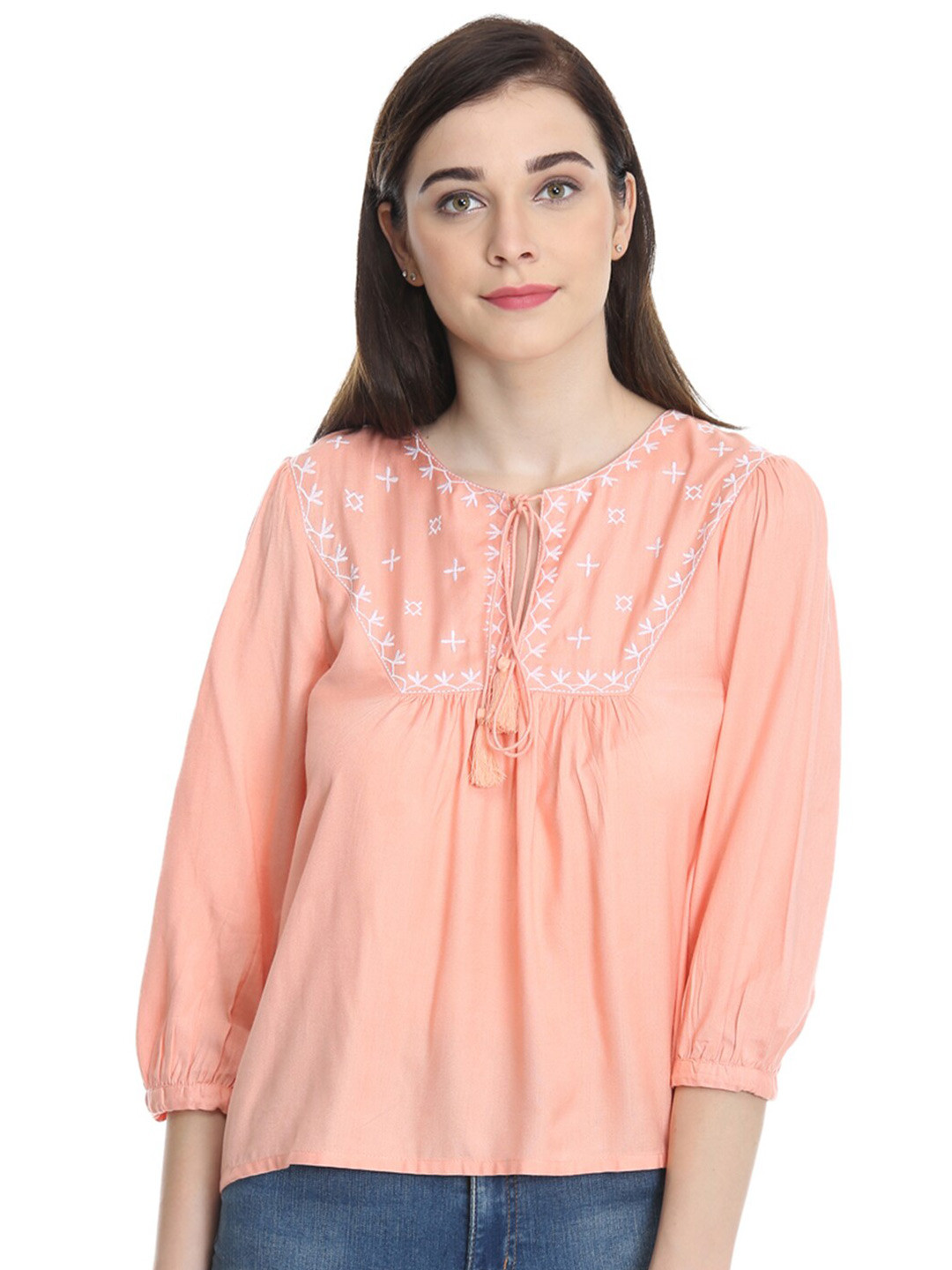 

DODO & MOA Peach Embroidered Tie-Up Top