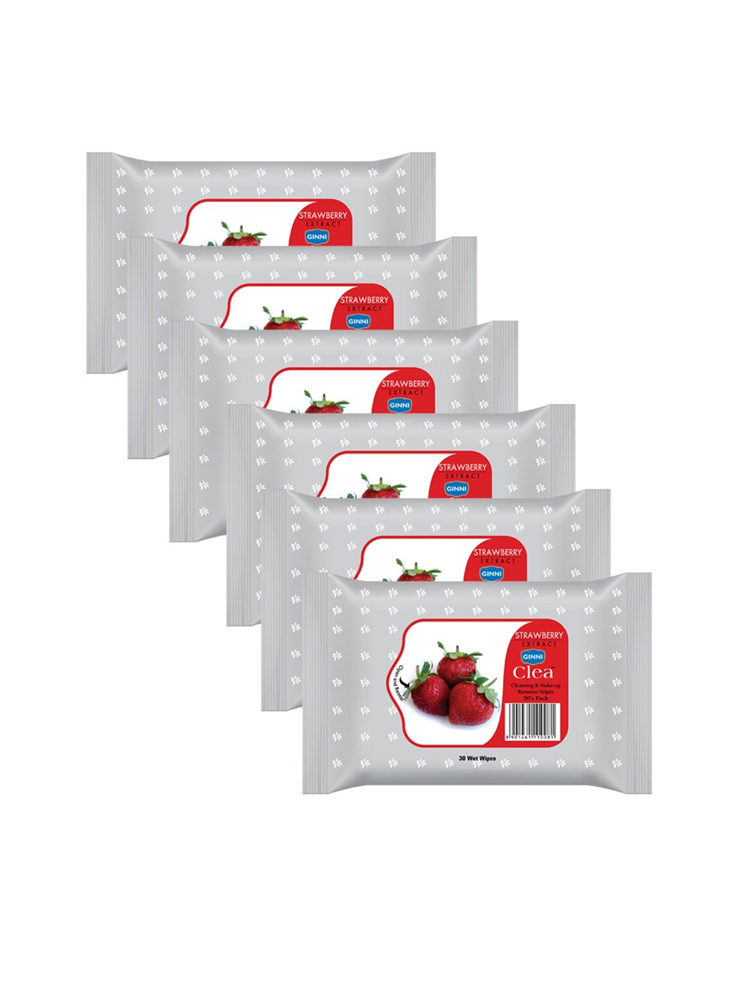 

Ginni Set of 6 Strawberry Cleansing & Makeup Remover Wet Wipes - 30 Wipes Per Pack, White