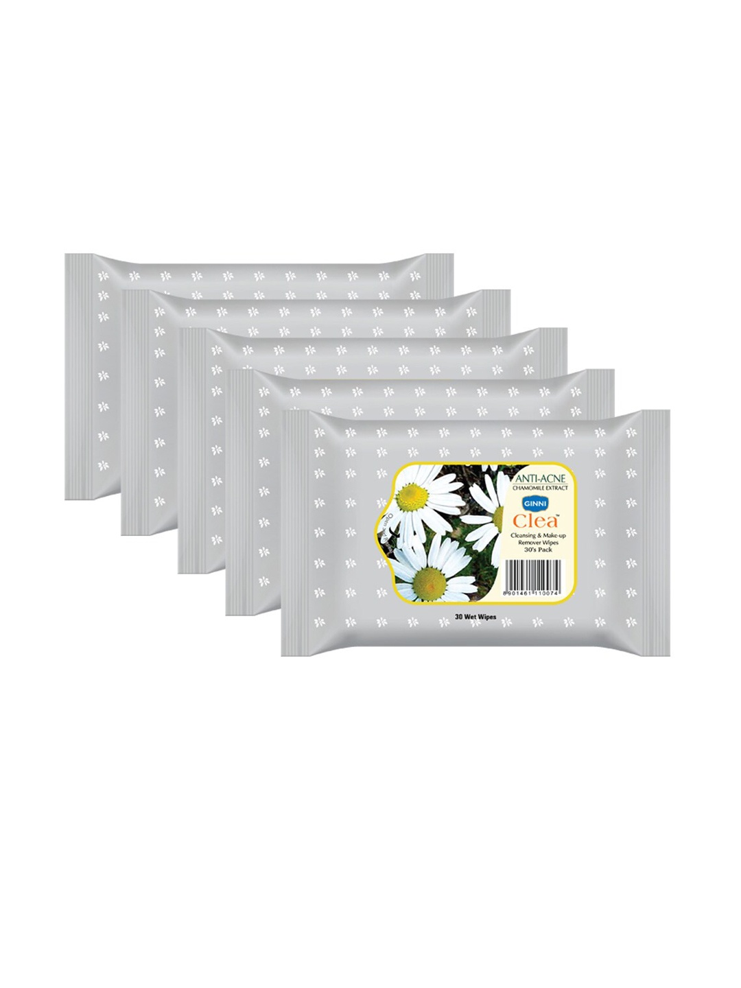 

Ginni Set of 5 Antiacne Cleansing & Makeup Remover Wet Wipes - 30 Wipes Per Pack, White