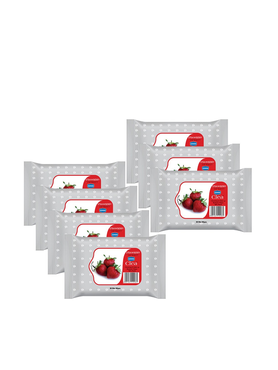 

Ginni Set of 7 Strawberry Cleansing & Makeup Remover Wet Wipes - 30 Wipes Per Pack, White