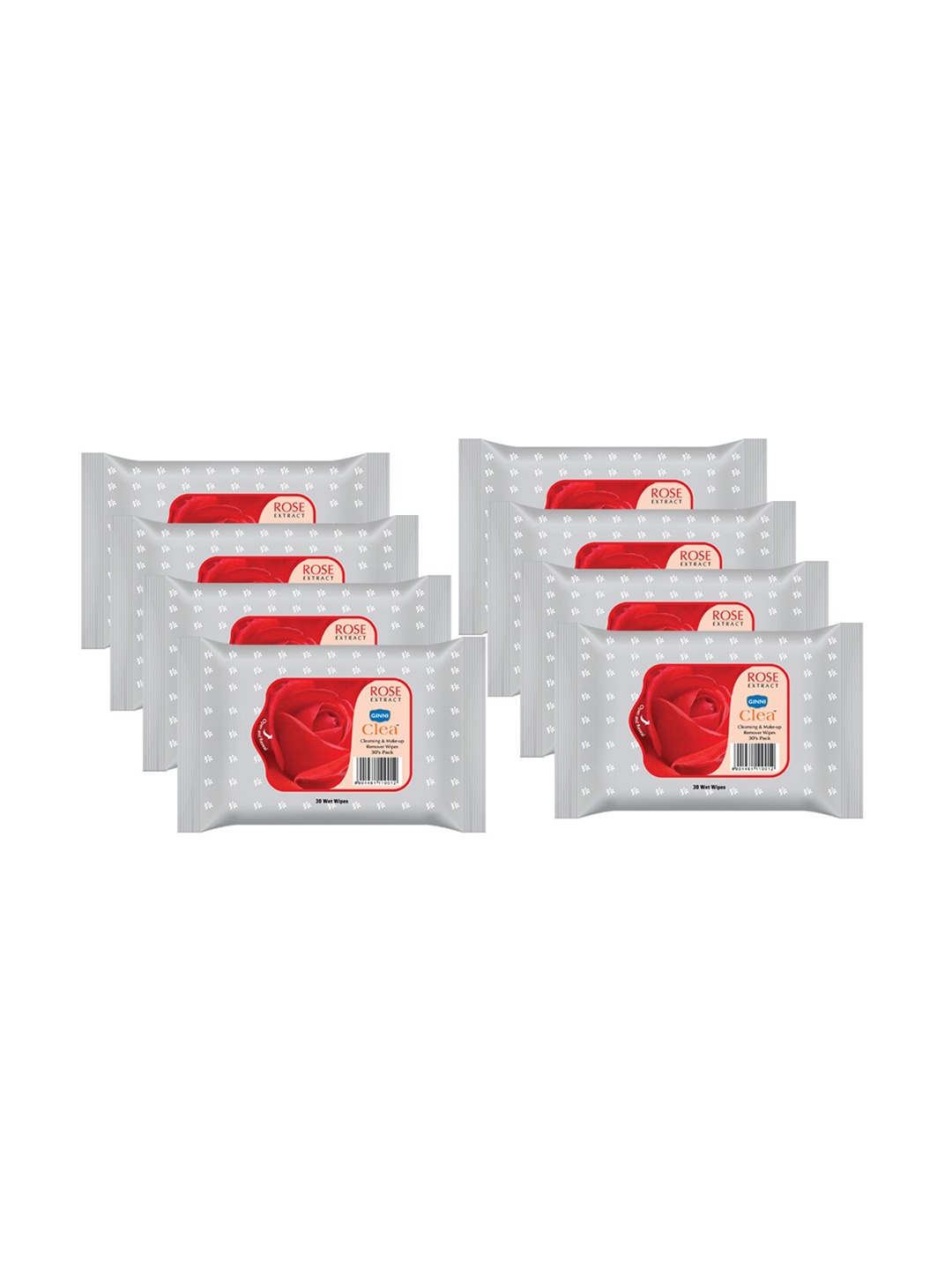 

Ginni Set of 8 Rose Cleansing & Makeup Remover Wet Wipes - 30 Wipes Per Pack, White
