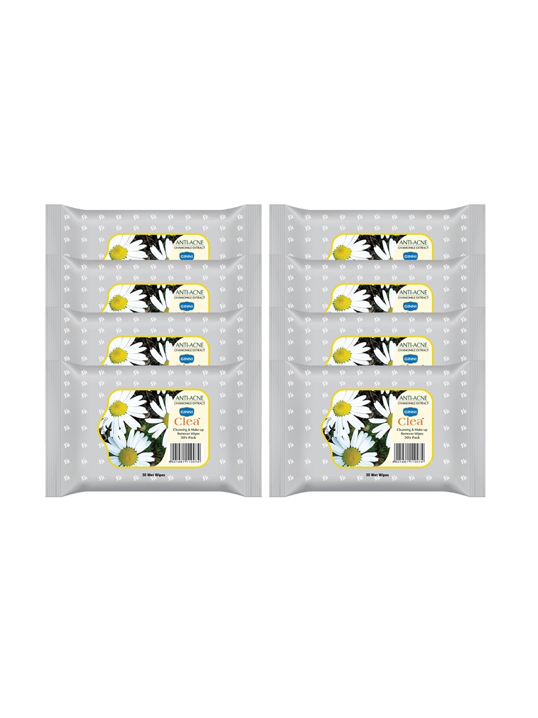 

Ginni Set of 8 Antiacne Cleansing & Makeup Remover Wet Wipes - 30 Wipes Per Pack, White