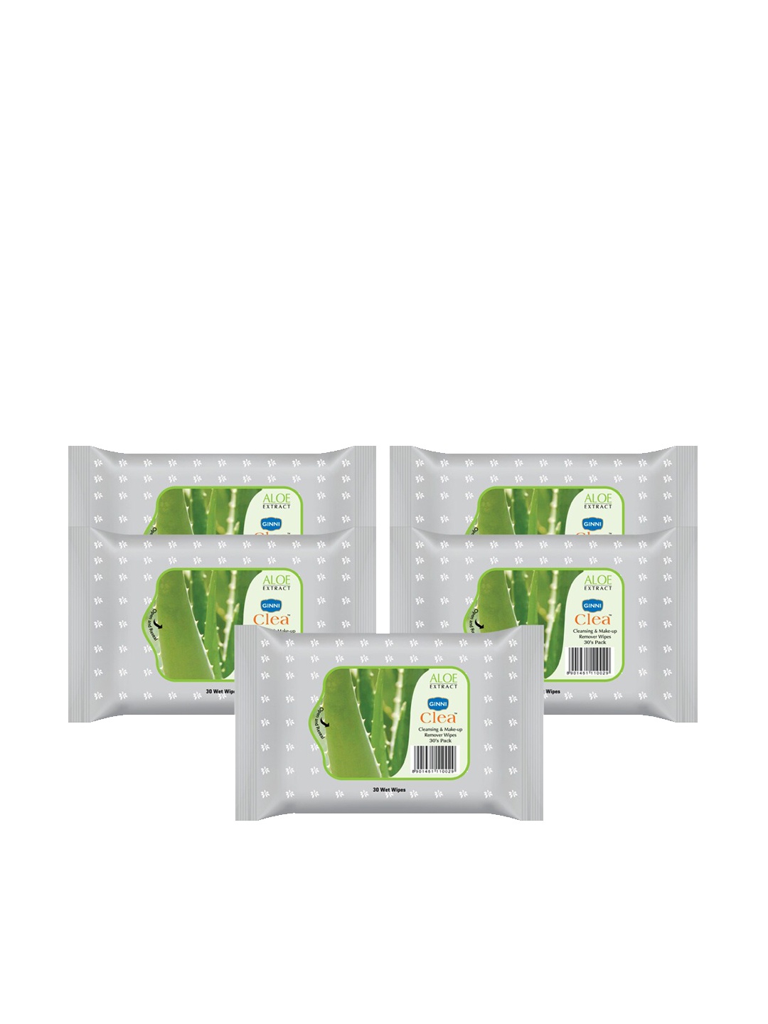 

Ginni Set of 5 Aloevera Cleansing & Makeup Remover Wet Wipes - 30 Wipes Per Pack, White