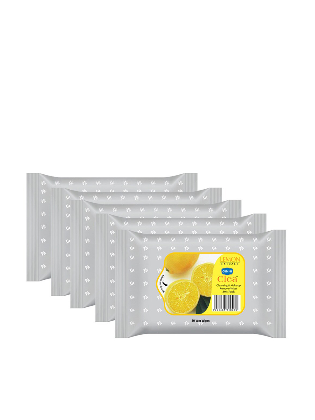 

Ginni Set of 5 Lemon Cleansing & Makeup Remover Wet Wipes - 30 Wipes Per Pack, White