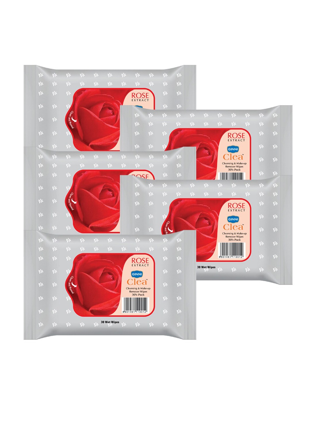 

Ginni Set of 5 Rose Cleansing & Makeup Remover Wet Wipes - 30 Wipes Per Pack, White