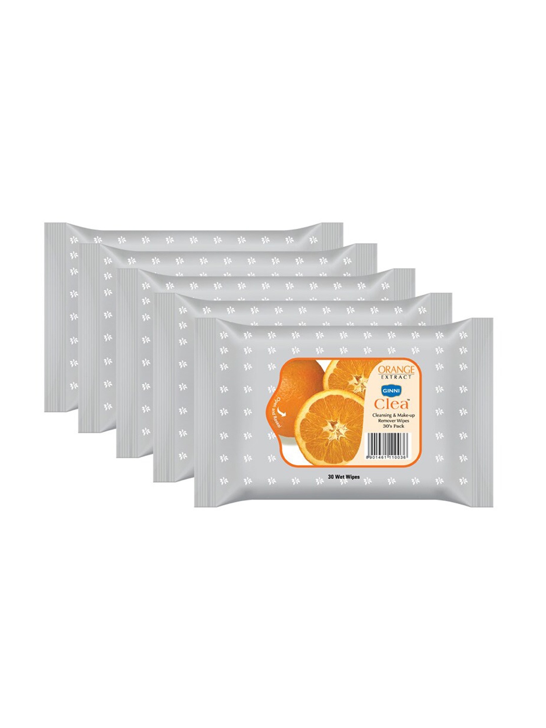 

Ginni Set of 5 Orange Cleansing & Makeup Remover Wet Wipes - 30 Wipes Per Pack, White