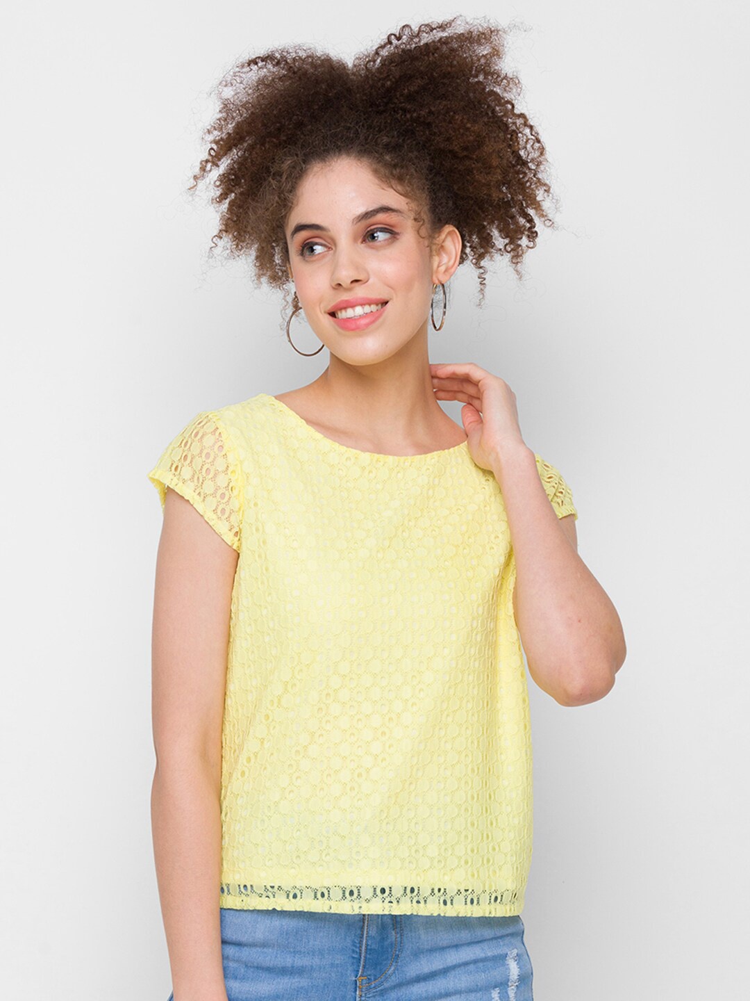 

Globus Yellow Self Design Lace Top