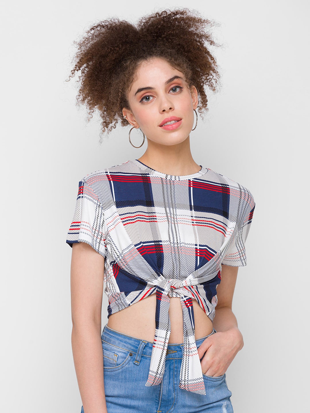 

Globus Off White & Navy Blue Checked Crop Top