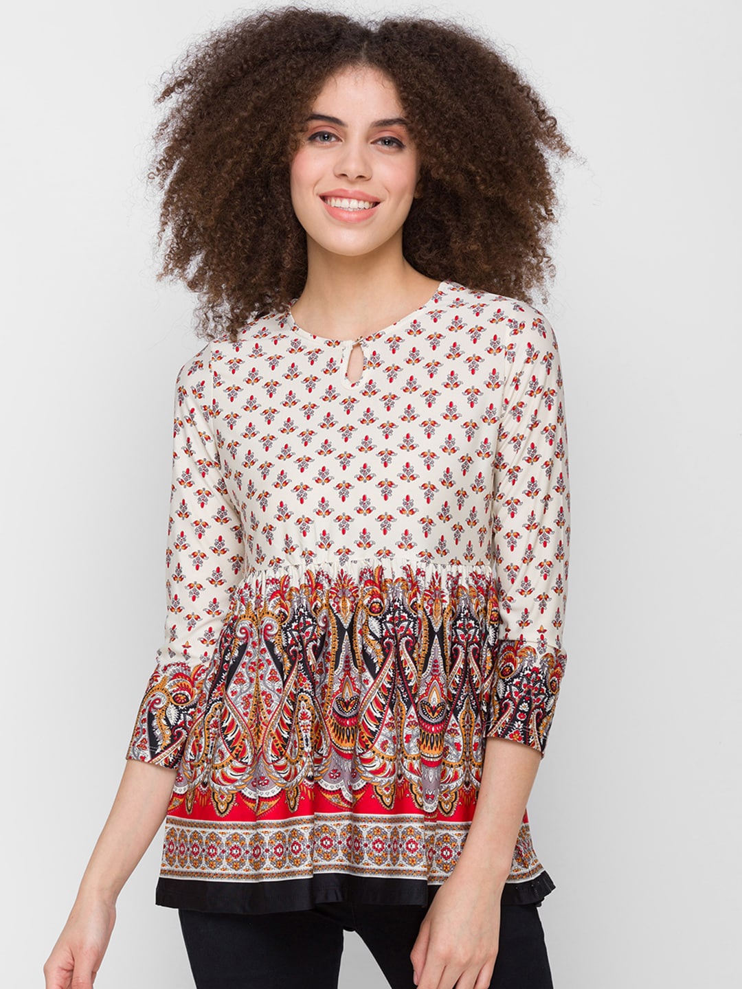 

Globus White & Red Print Keyhole Neck Top