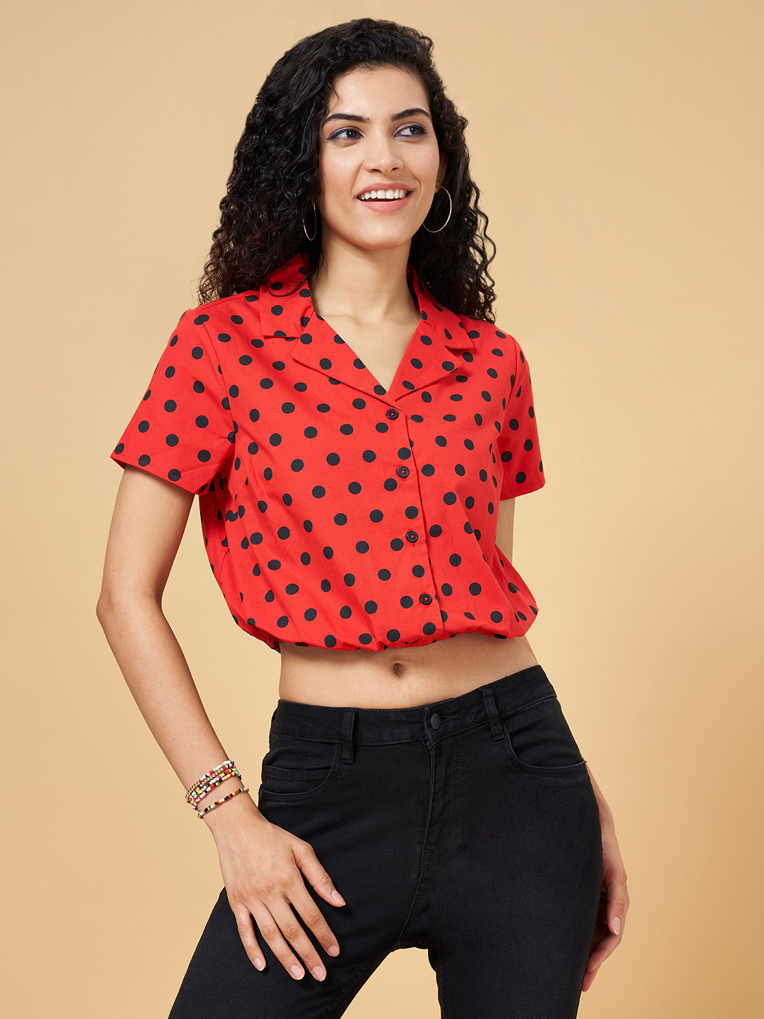

People Red & Black Print Pure Cotton Shirt Style Top