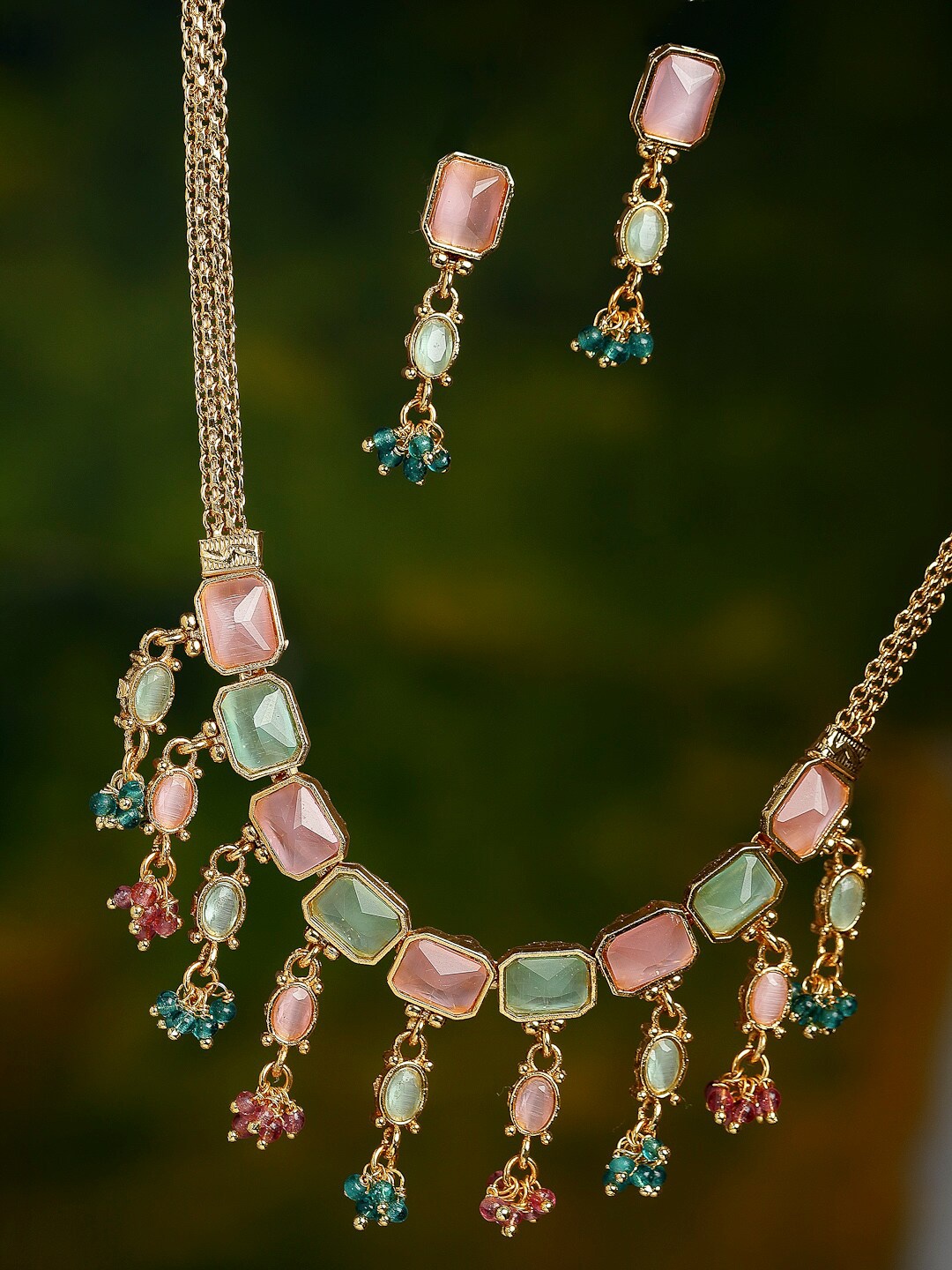 

ZENEME Gold Plated Green & Pink Copper Filigree Necklace Jewellery Set