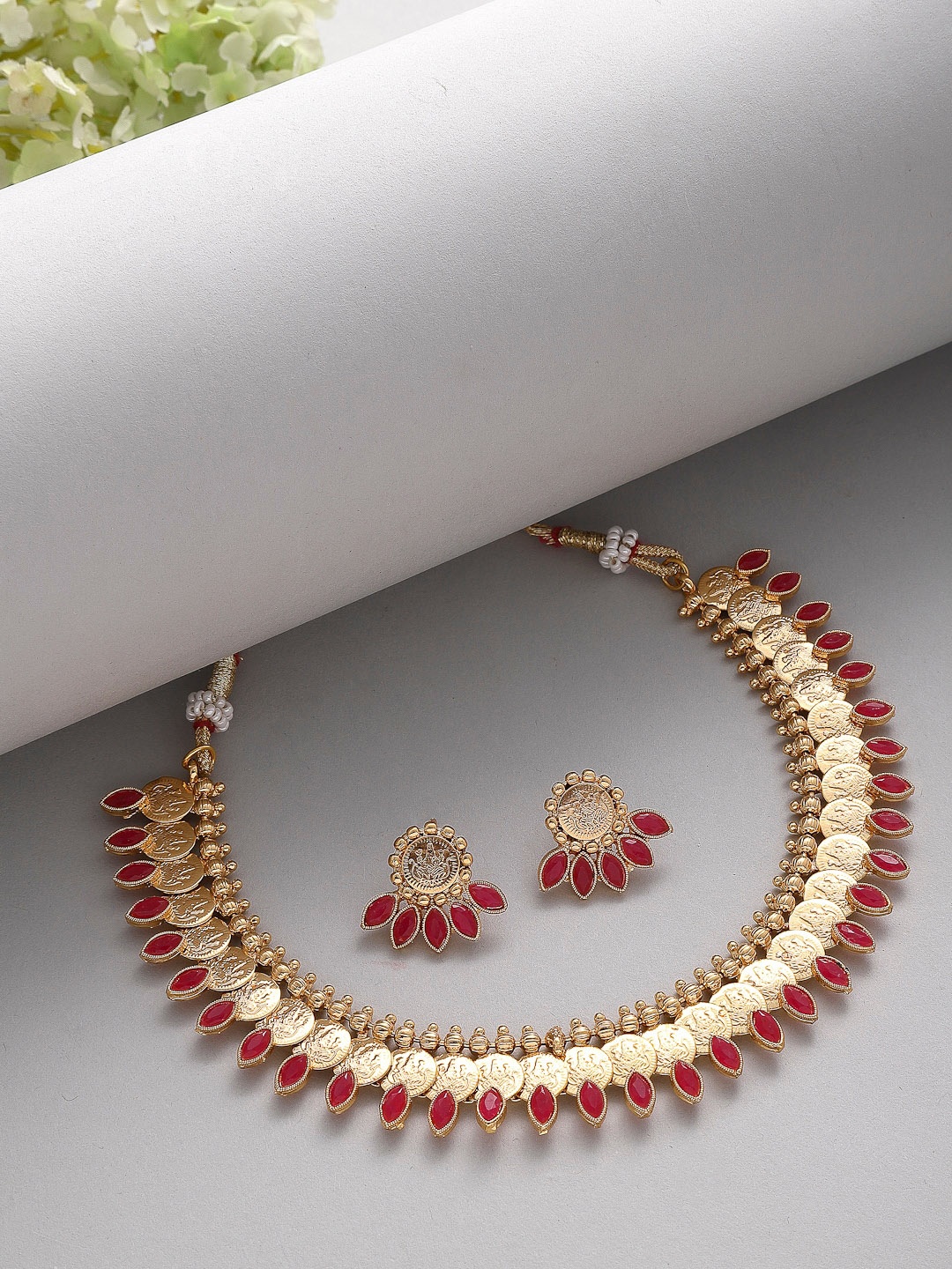 

ZENEME Gold-Plated Red Kundan Studded Temple Coin Jewellery Set