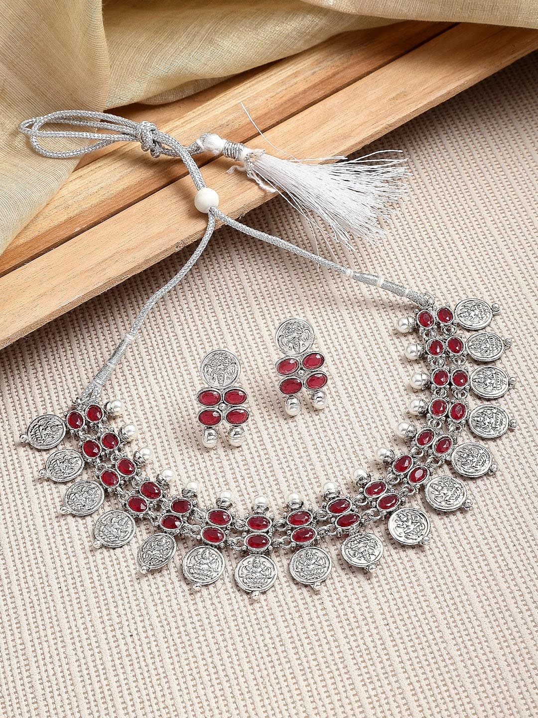 

ZENEME Silver-Plated Kundan-Studded Temple Coin Jewellry Set