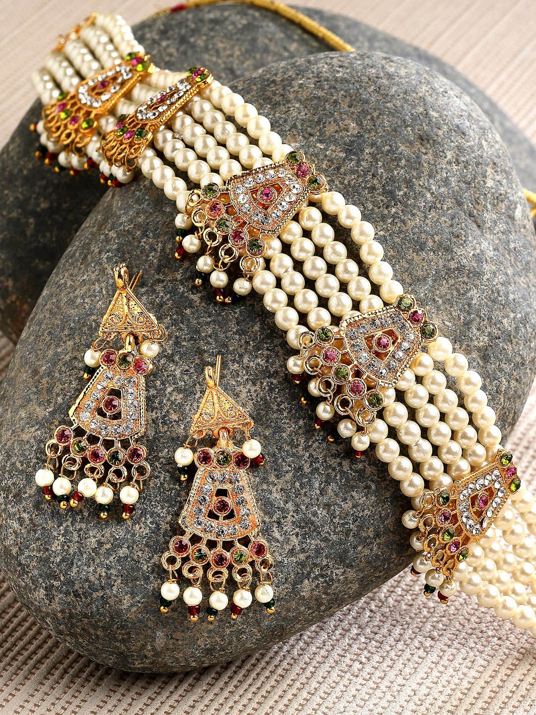 

ZENEME Gold-Plated White Pearl-Studded Choker Jewellery Set