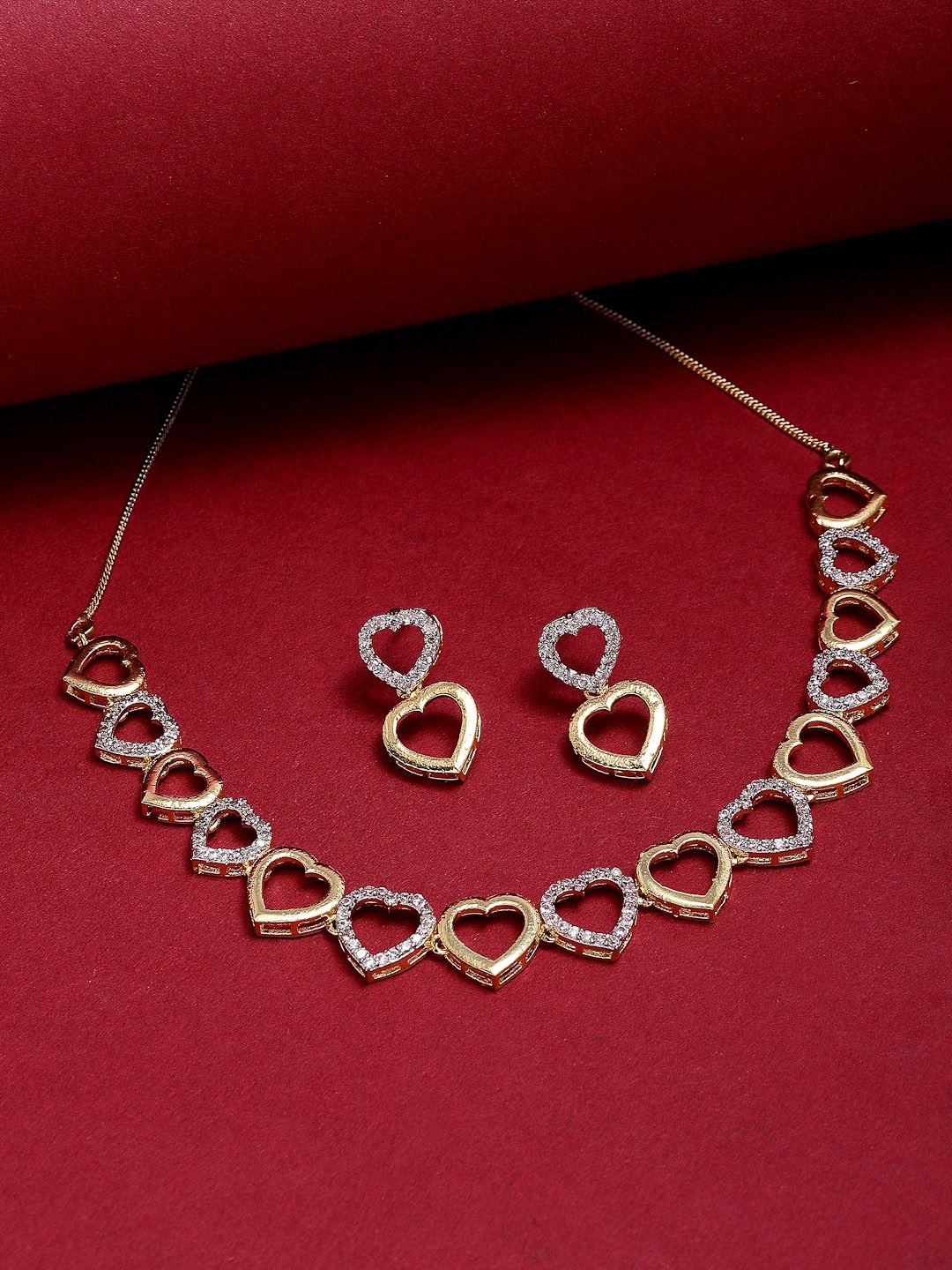 

ZENEME White & Gold-Plated American Diamond Studded Heart Shaped Jewelry Set