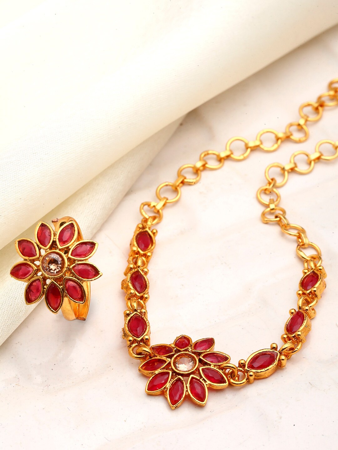 

ZENEME Women Red Stone Studded Brass Gold-Plated Wraparound Bracelet With Ring