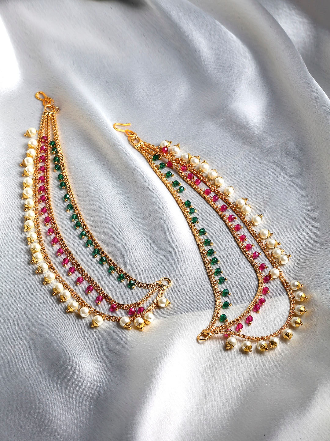 

ZENEME Set of 2 Gold-Plated Multicoloured Stone-Studded Floral Ear Chain, Multi