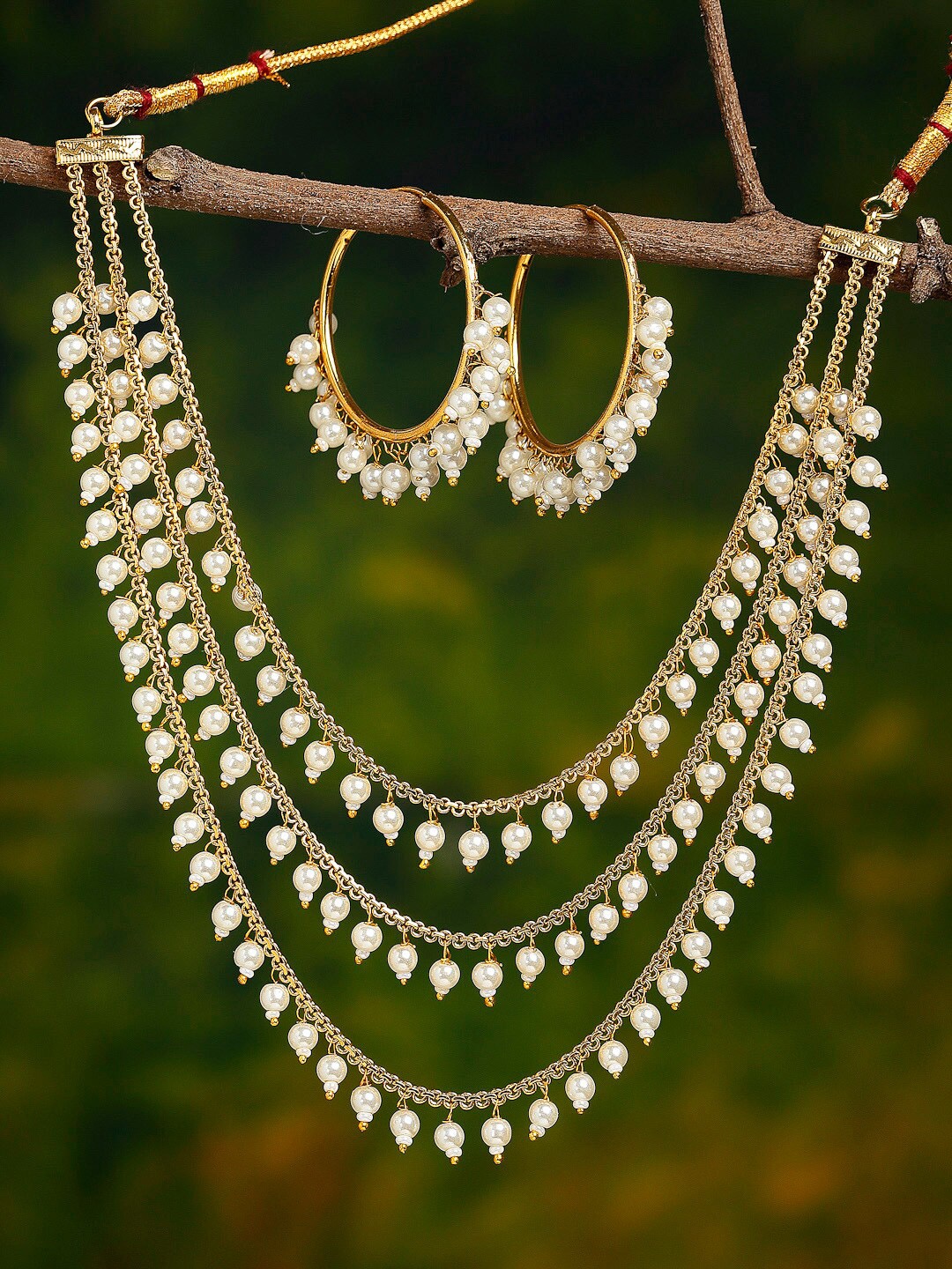 

ZENEME Gold-Plated White Pearl Drop 3 Layered Jewelry Set