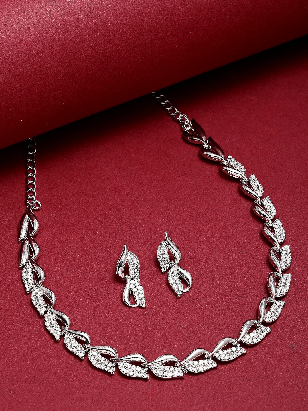 

ZENEME Silver-Plated American Diamond Studded Jewellery Set