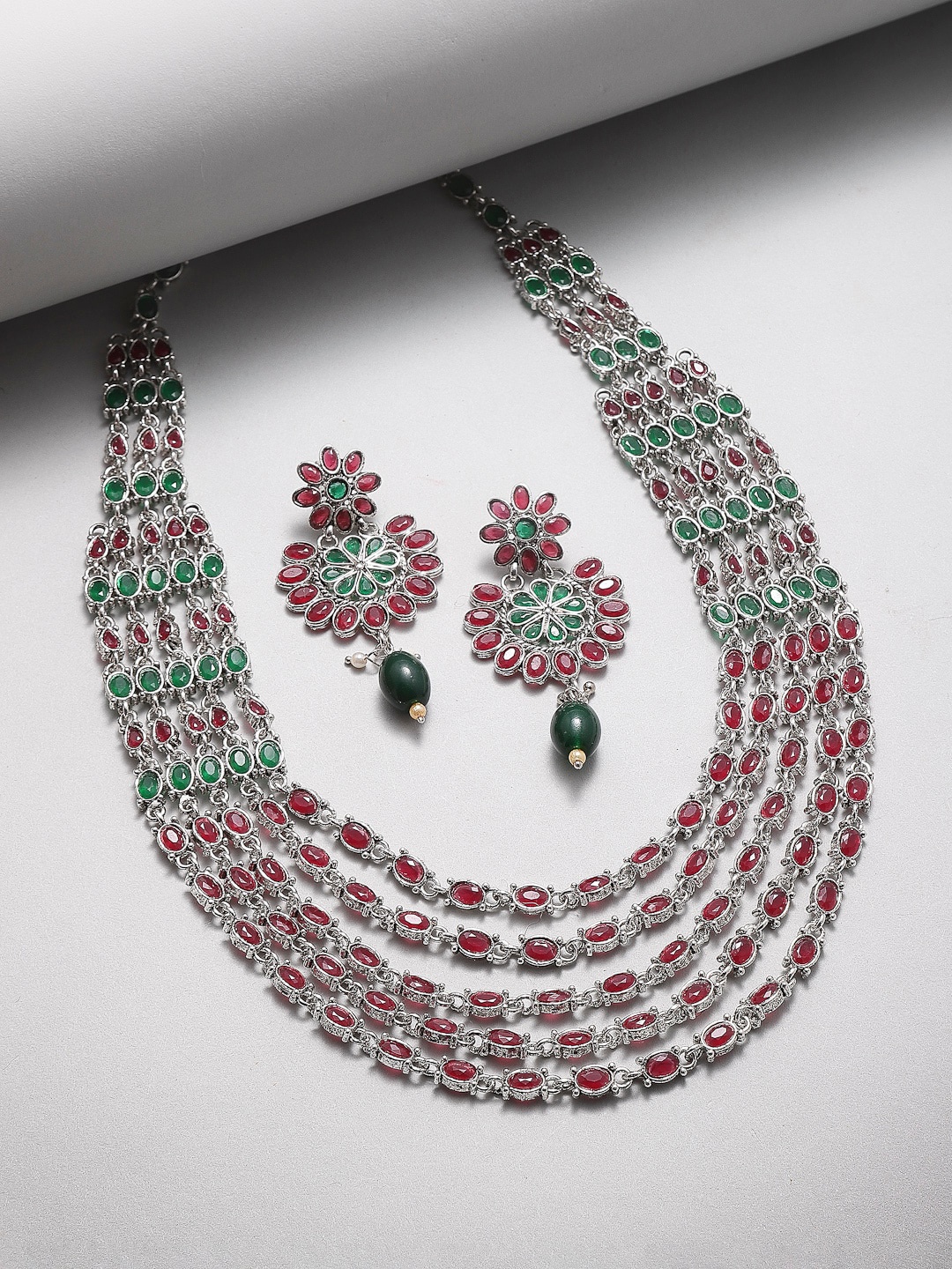 

ZENEME Silver-Plated Green & Red Kundan-Studded Layered Jewellery Set