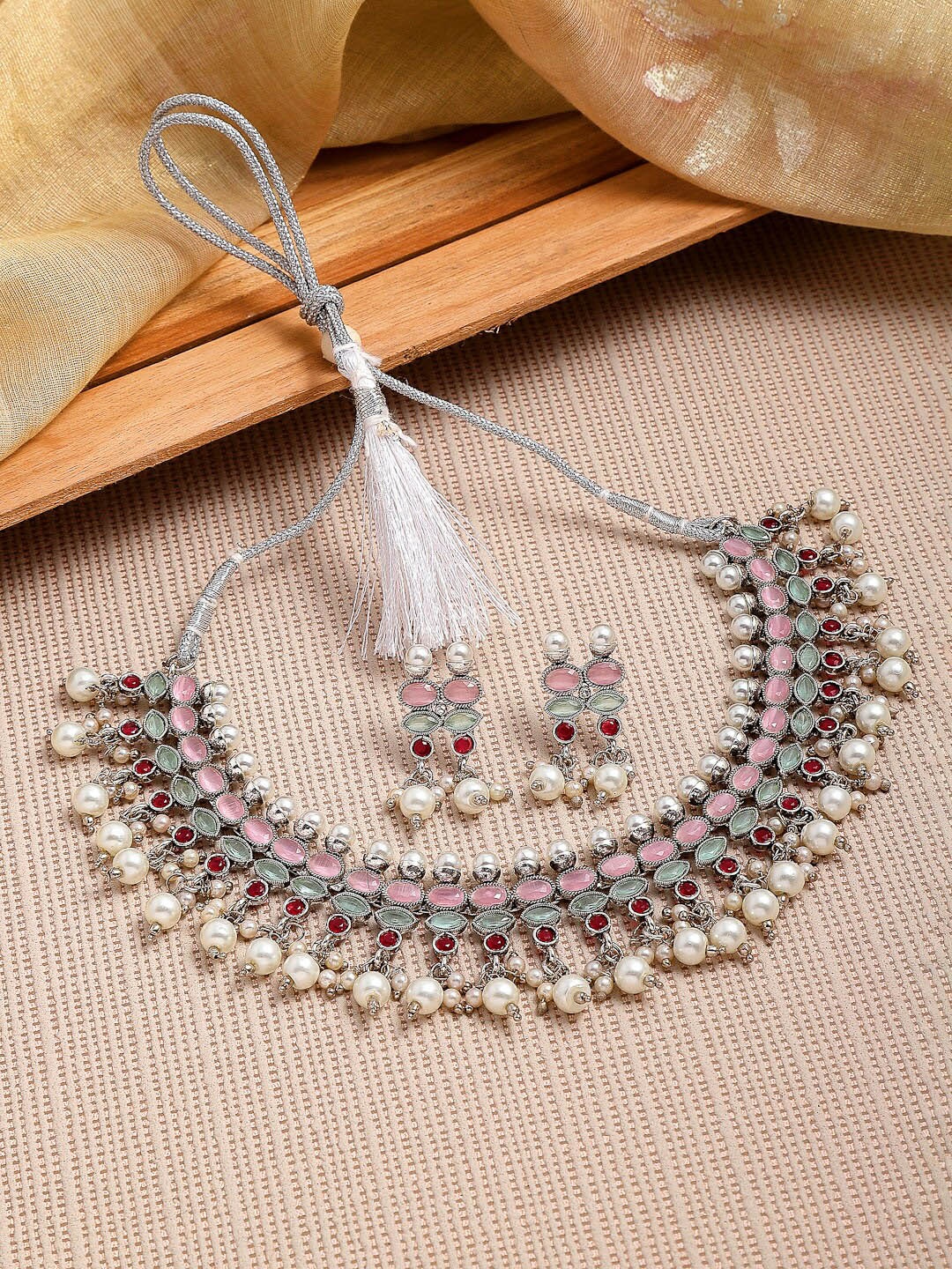 

ZENEME Silver-Toned & Pink Silver-Plated AD Studded Pearl Jewellery Set