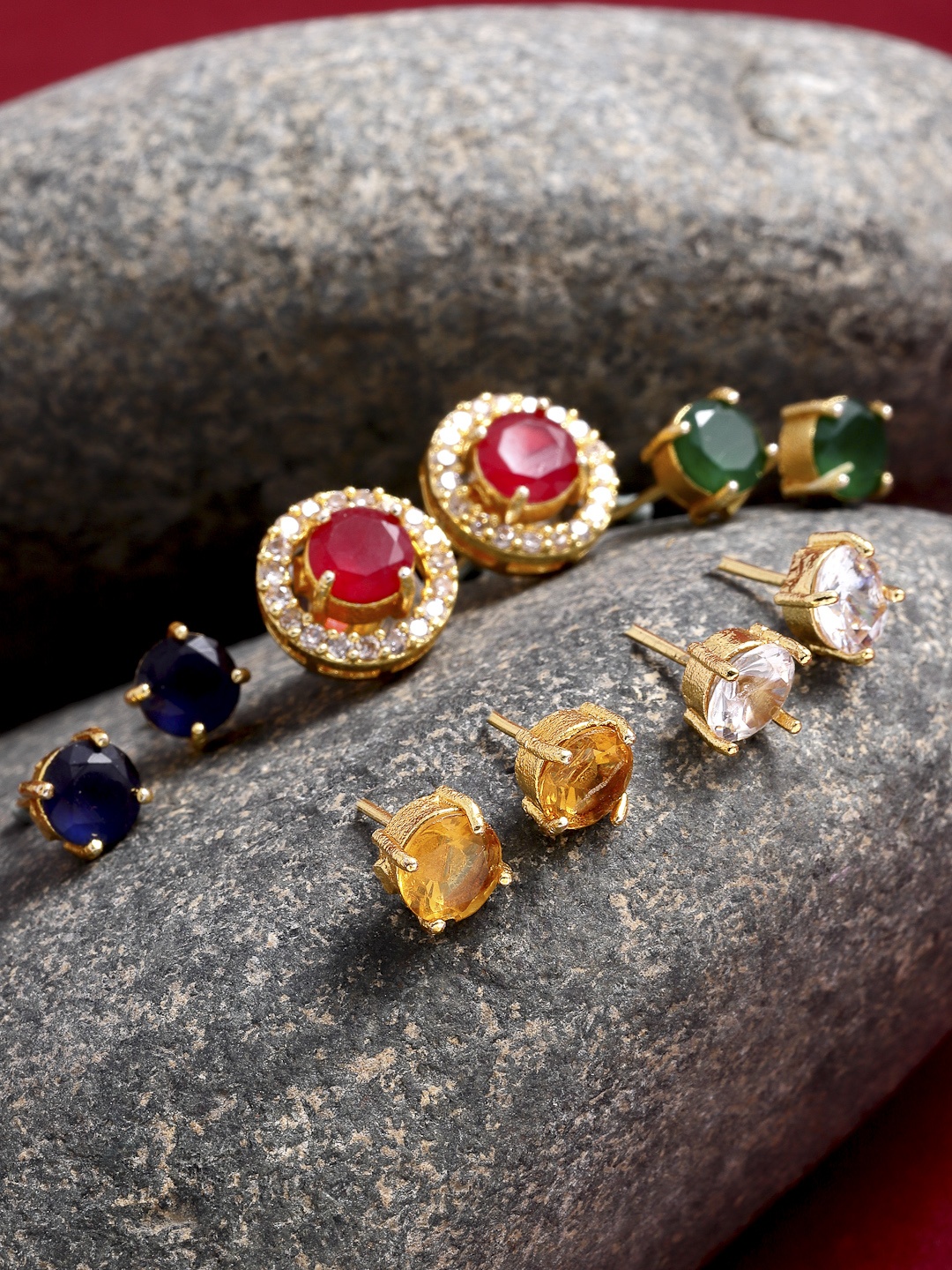 

ZENEME Pack Of 5 GoldPlated Multicoloured Studs Earrings, Multi