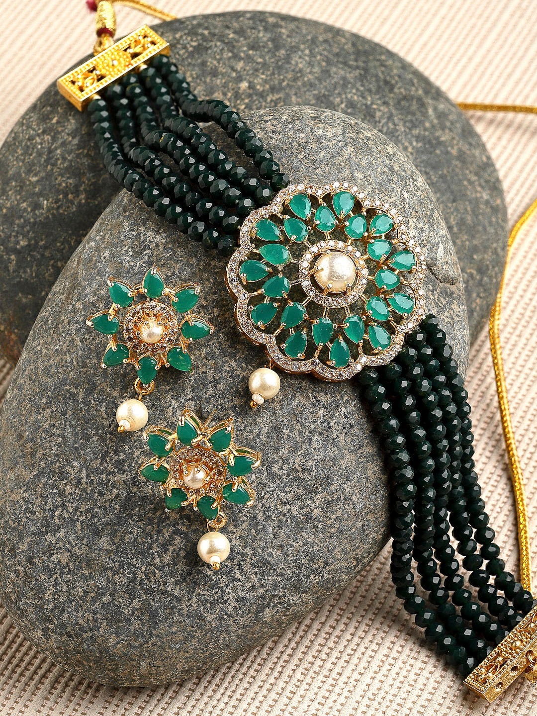 

ZENEME Gold-Plated Green & White AD-Studded & Beaded Antique Jewellery Set