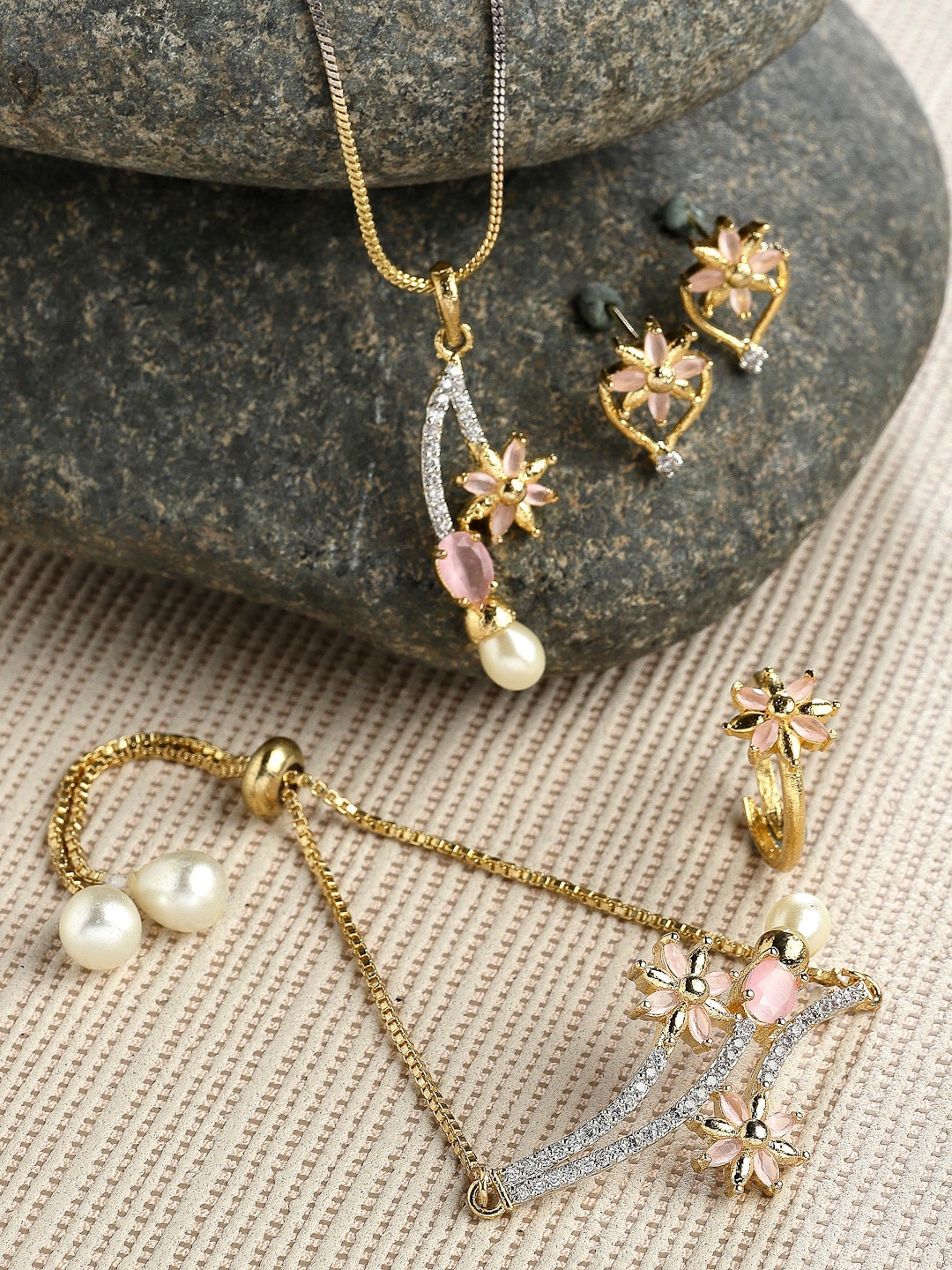 

ZENEME Gold-Plated Peach & White AD Stone-Studded Jewellery Set