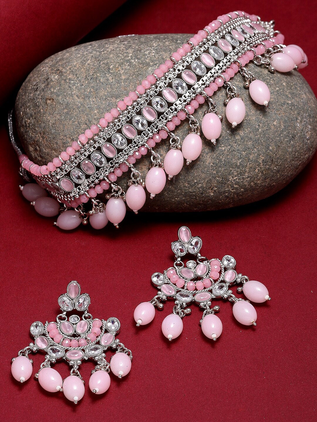 

ZENEME Silver-Plated Pink Kundan-Studded & Beaded Jewellery Set