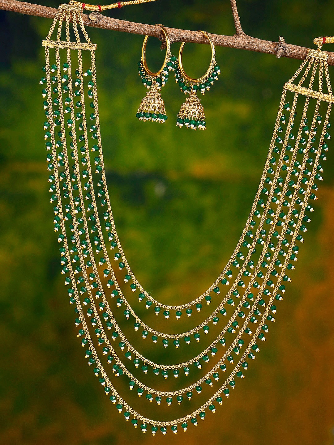 

ZENEME Gold-Plated Green Pearl Beaded Layered Jewellery Set