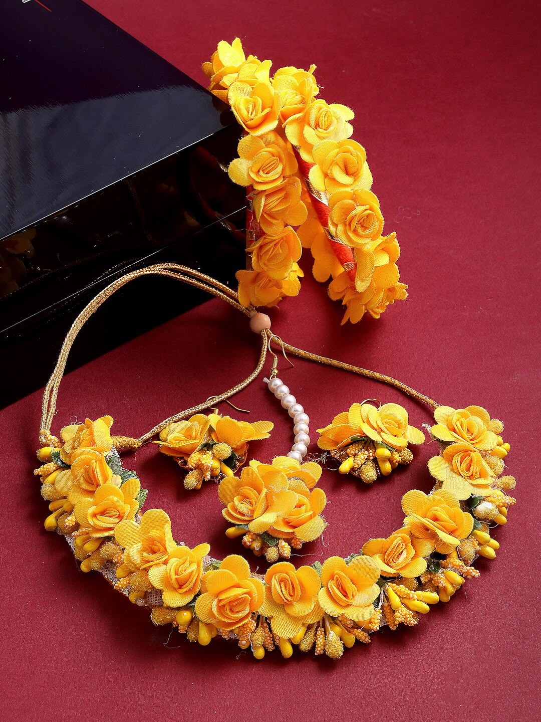 

ZENEME Gold-Plated Yellow Floral Haldi Jewellery Set