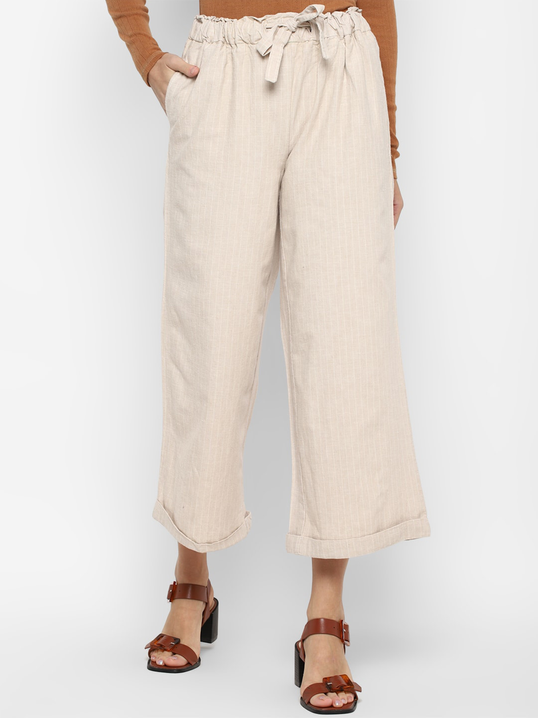 

Allen Solly Woman Women Beige Striped Pleated Trousers