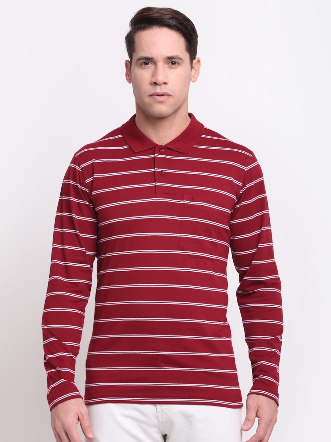 

VENITIAN Men Maroon & White Striped Polo Collar Pockets T-shirt
