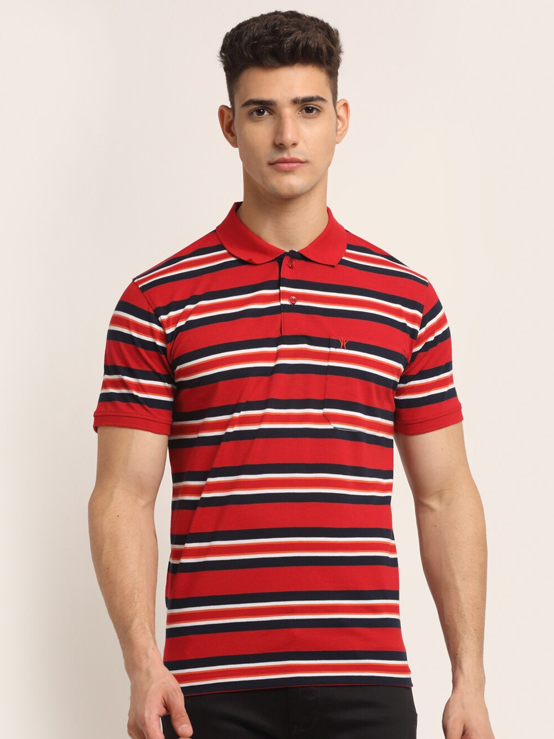 

VENITIAN Men Red Striped Mandarin Collar T-shirt