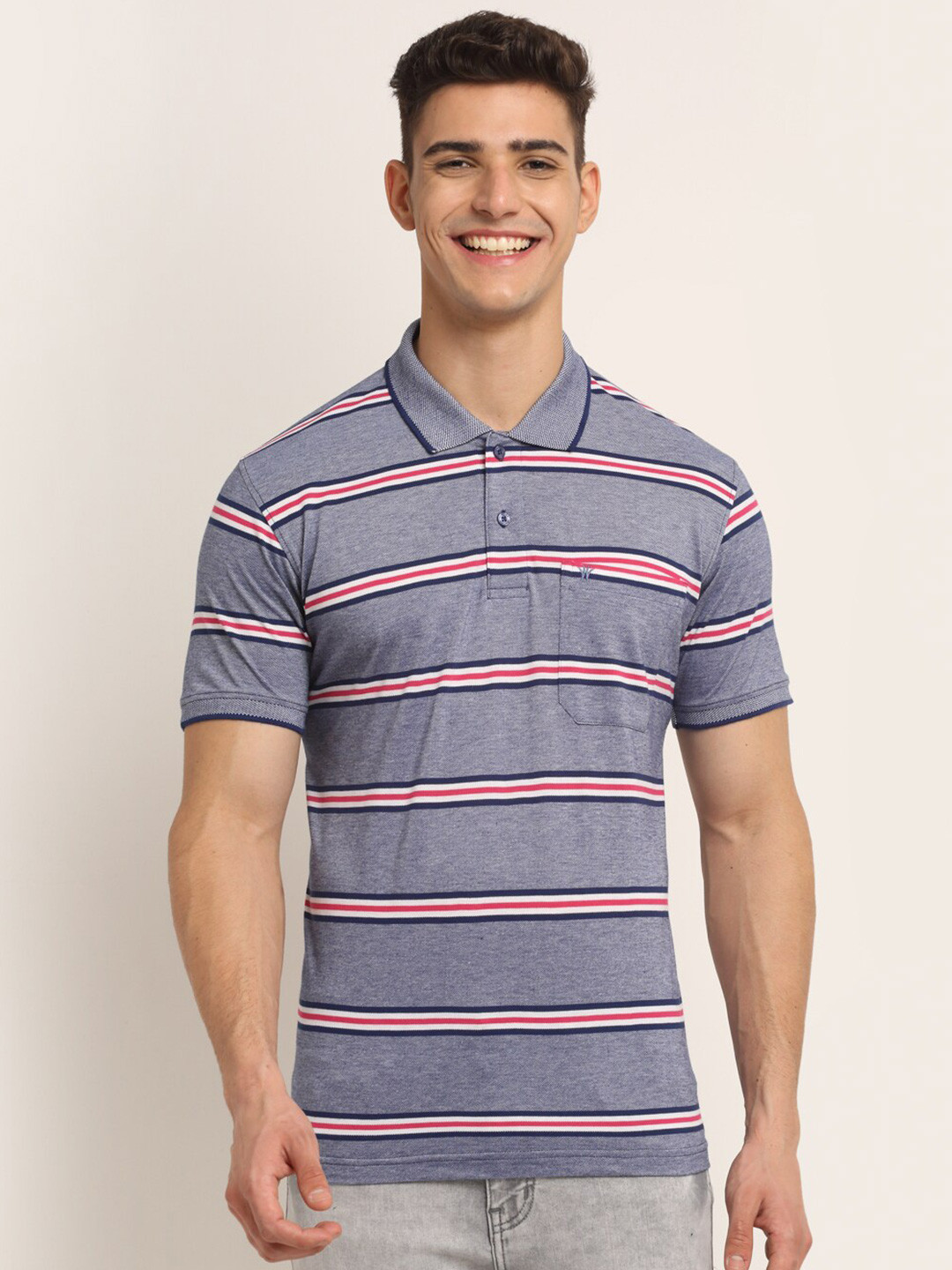 

VENITIAN Men Blue & White Striped Polo Collar T-shirt
