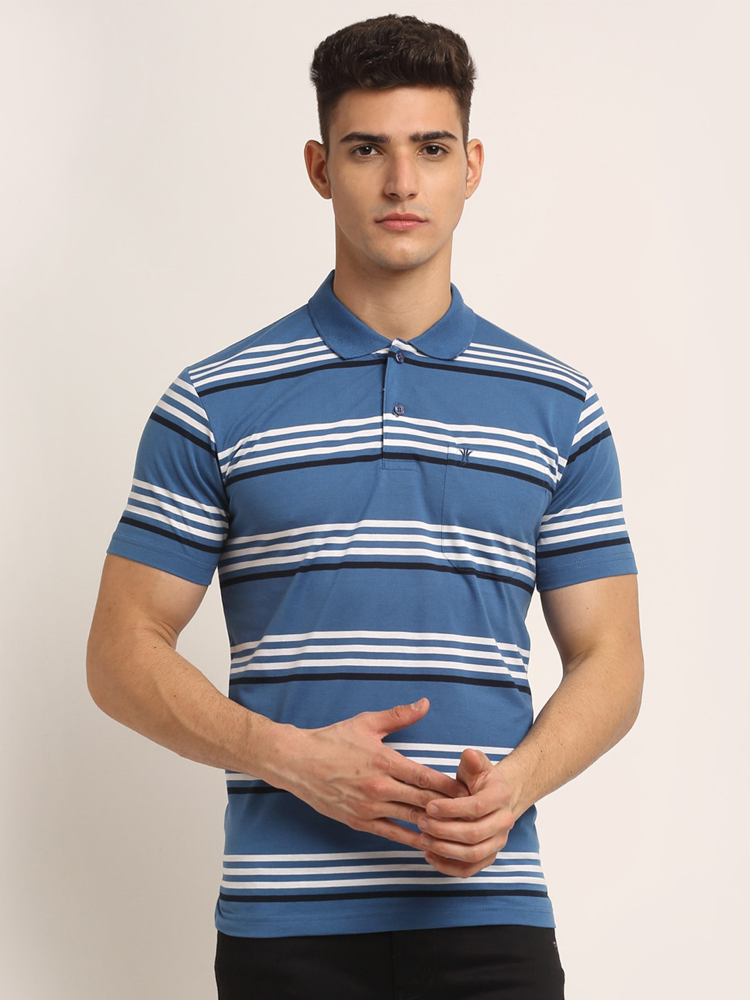 

VENITIAN Men Blue & White Striped Polo Collar Pockets T-shirt