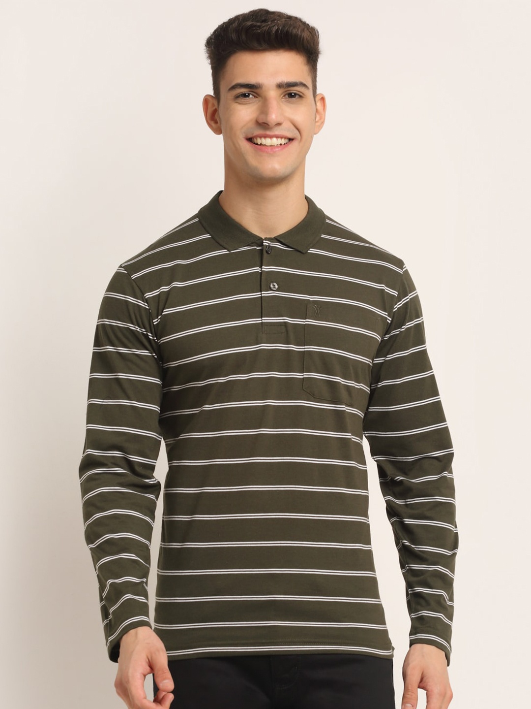 

VENITIAN Men Olive Green Striped Polo Collar T-shirt