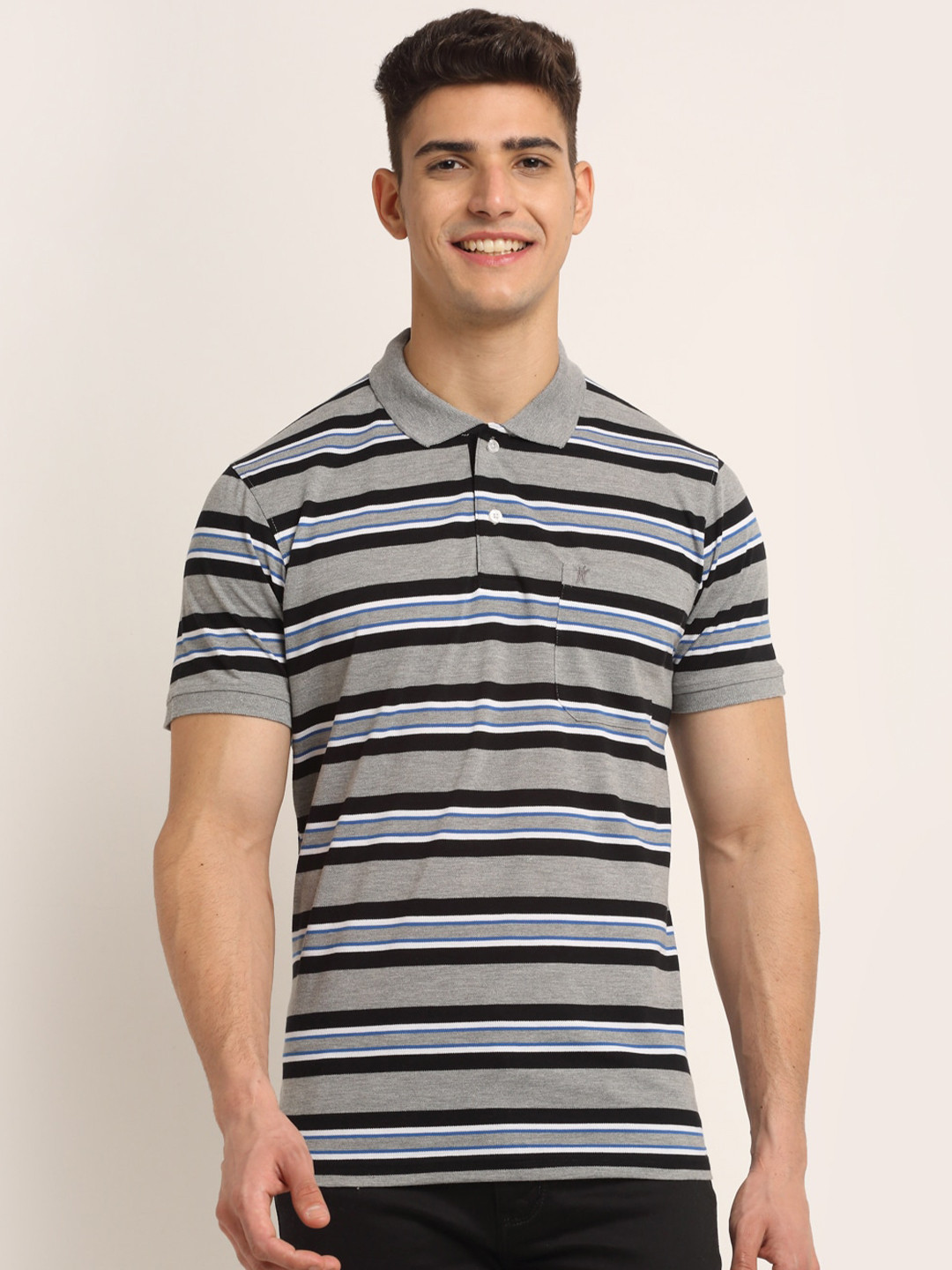 

VENITIAN Men Grey & Black Striped Polo Collar T-shirt