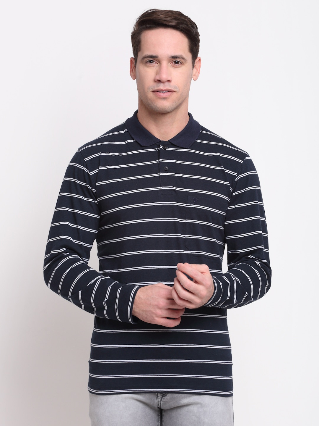 

VENITIAN Men Navy Blue Striped Polo Collar Pockets T-shirt