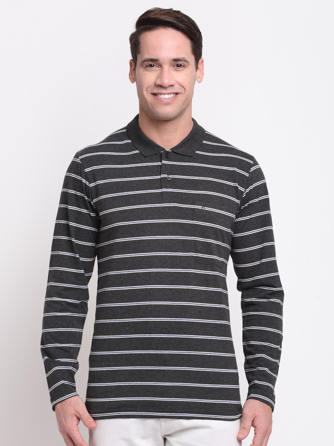 

VENITIAN Men Grey Striped Polo Collar T-shirt