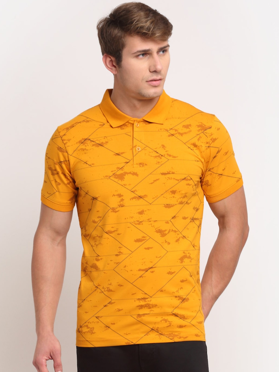 

VENITIAN Men Mustard Yellow Printed Polo Collar Slim Fit T-shirt