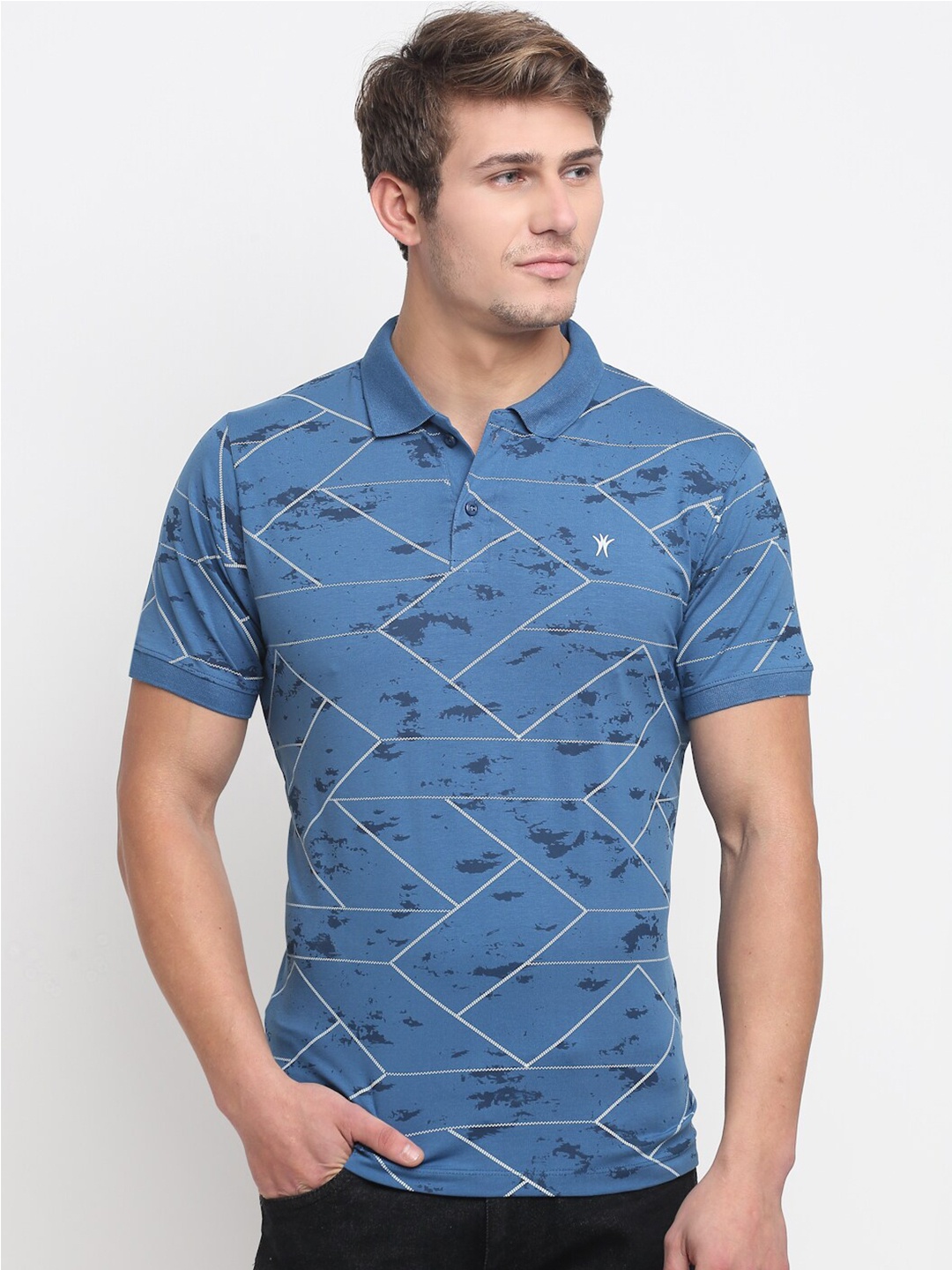 

VENITIAN Men Blue Printed Polo Collar Slim Fit T-shirt