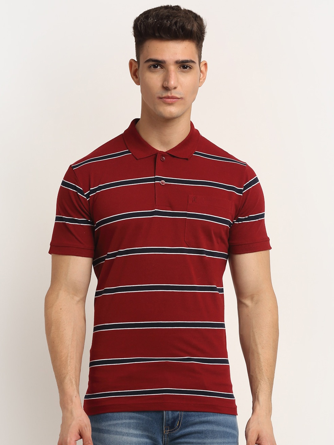

VENITIAN Men Maroon Striped Polo Collar T-shirt