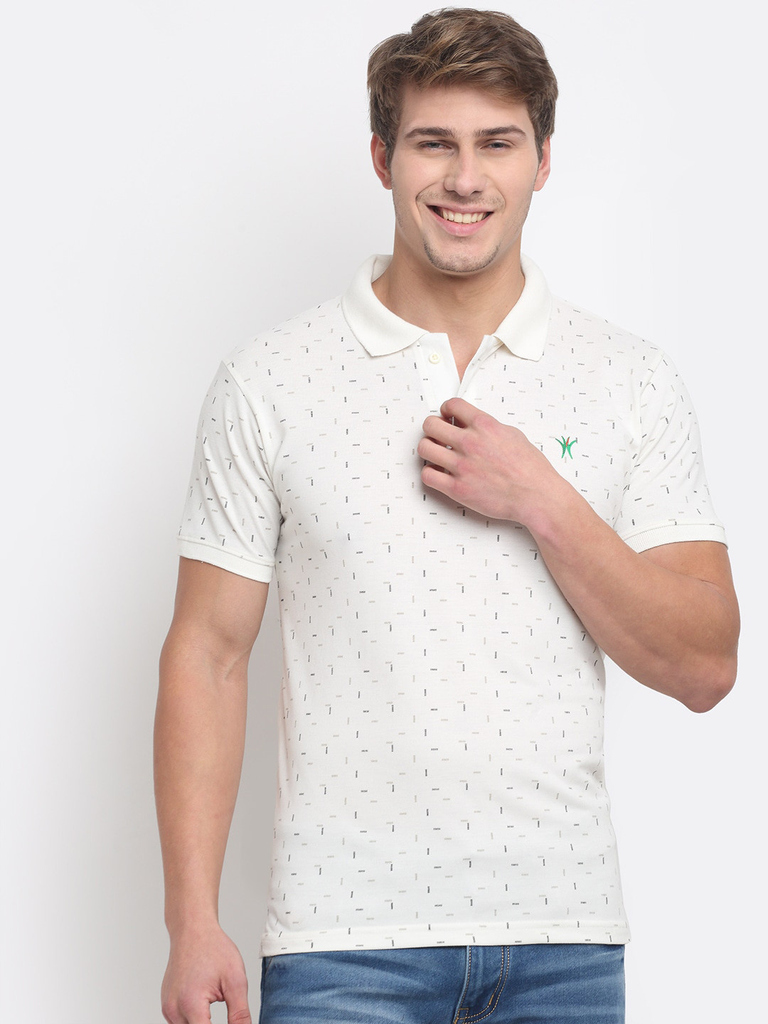 

VENITIAN Men Off White Printed Polo Collar Slim Fit T-shirt