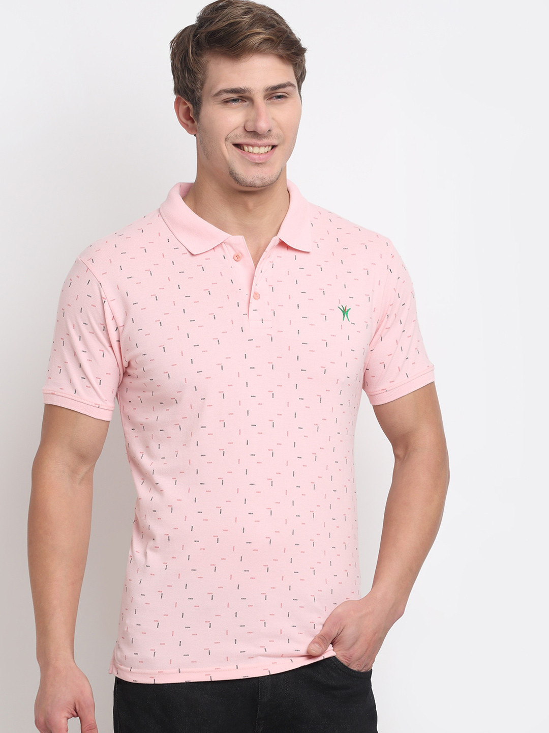 

VENITIAN Men Pink Printed Polo Collar Slim Fit T-shirt